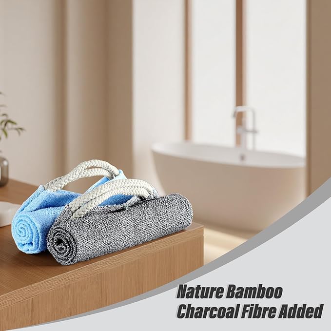 Inmorven Exfoliating Back Scrubber with Handles, Nylon Back Exfoliator, Two Sides Stretchable Pull Strap Shower Deep Cleans Skin Massages Invigorating Blood Circulation for Women Men Body (Bule)