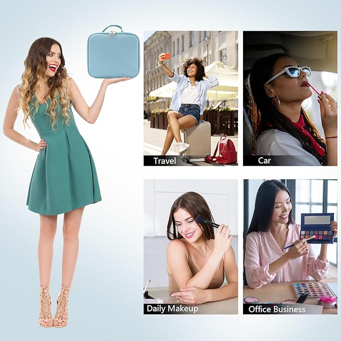 Travel Makeup Bag with LED Mirror Travel Makeup Organizer with 3 Lighted Settings, Adjustable Dividers and Makeup Brush Storage Bag Light Blue