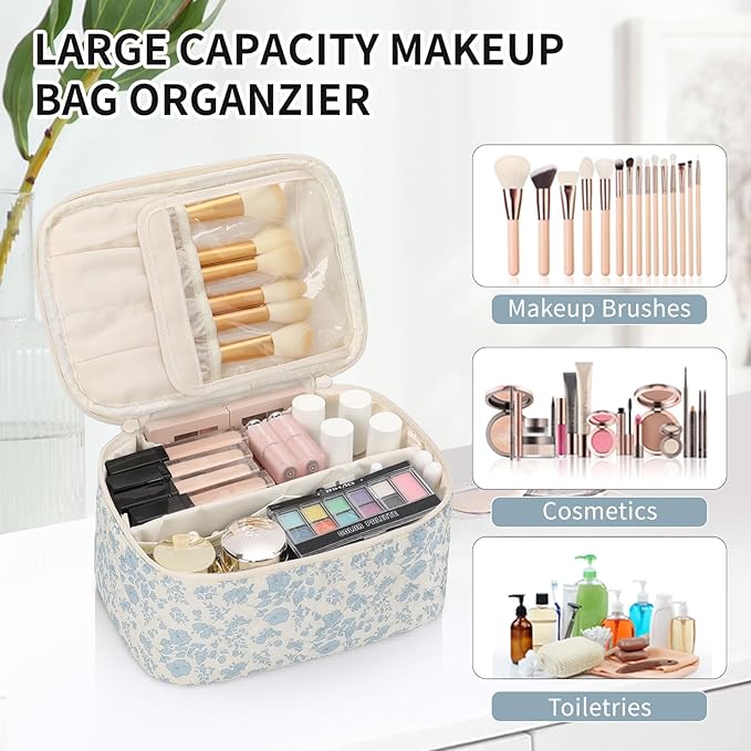 OCHEAL Makeup Bag Portable Cosmetic Bag For Women, Large Capacity Travel Makeup Case Organizer, Toiletry Bag for Girls Traveling With Handle and Divider-Flowers