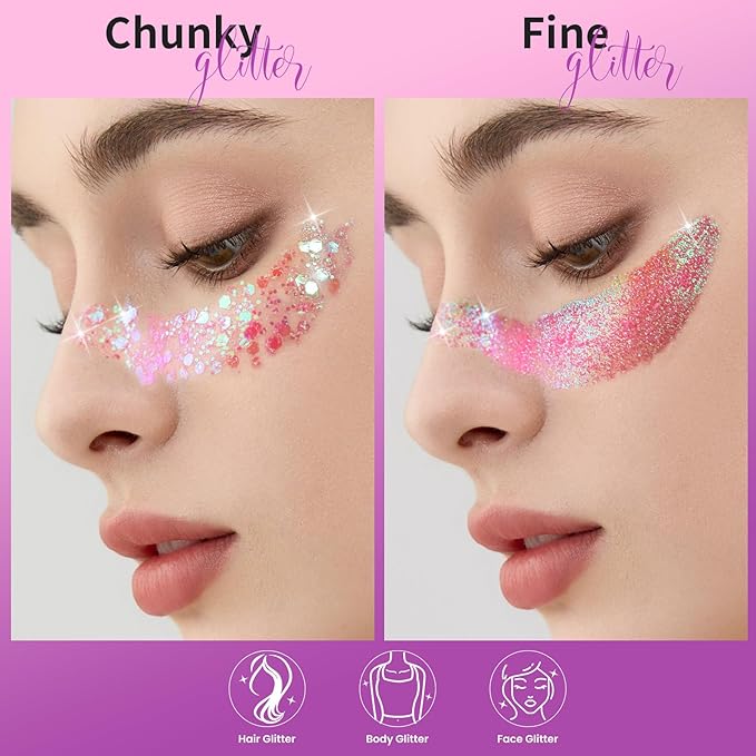 Teenitor Face Glitter, 2pcs Pink Body Glitter Gel, 20g/0.7oz Makeup Glitter for Face, Body, Eye, Hair Glitter Gel, Pink Glitter Gel for Face & Body - 2 Sizes, Festival Glitter Gel