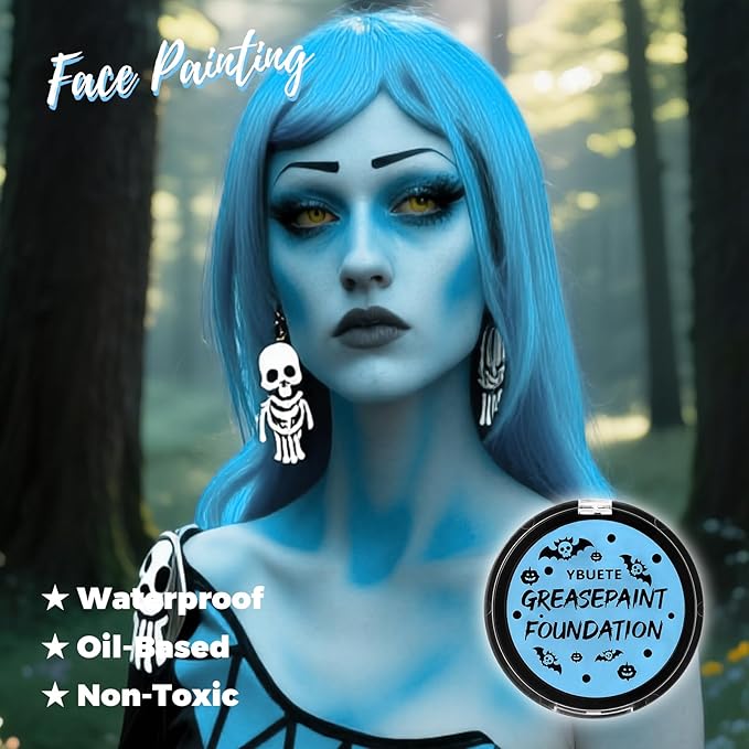 Light Blue Cream Face Body Painting Foundation, Professional Full-coverage Oil Based Blue Face Paint Halloween SFX Sally Corpse Bride Cosplay Makeup for Adult Carnival & Stage Performance