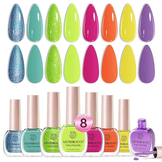 AZUREBEAUTY Summer 8 Colors Hot Pink Neon Blue Green Glitter Purple Yellow Orange Nail Polish Set Quick Dry, Perfect for Women Manicure Nail Art DIY Salon