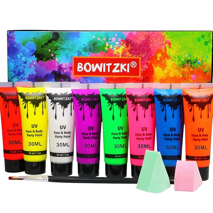 Bowitzki UV Neon Face and Body Paint 8 x 30ml /1 oz Liquid Large Kit Black Light Glow in the Dark Makeup Set Fluorescent Painting for Adults Kids Music Festivals Party Halloween Christmas