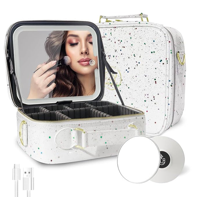 MOMIRA Travel Makeup Bag Cosmetic Bag with Lighted Mirror, Adjustable Brightness in 3 Color Scenarios/Detachable makeup mirror, 2024-All-round Upgrade, Waterproof, Gift for Women -Glett White