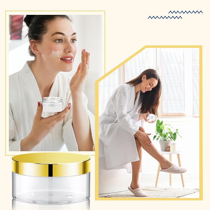 Dandat 24 Pcs 4 oz Plastic Jar Container with Lid and Label Refillable Empty Round Clear with Gold PET Cosmetic Sample Containers for Lotion, Cream, Ointments, Body Butter, Makeup, Travel Storage