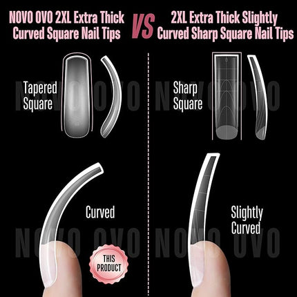 NOVO OVO Halloween Curved Nail Tips Press on Full Cover, Extra Curve Square Gel x Thick Long XL XXL Acrylic Fake Nails Extension kit, Clear Pre-etched French False Nail 12 Sizes 240pc QUEEN SQUARE PRO