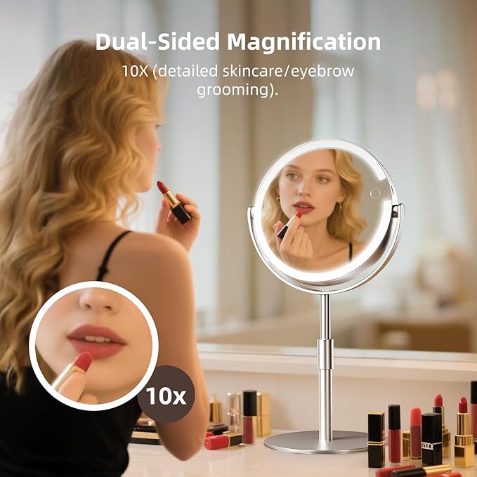 Makeup Mirror with Lights, 8" Double Sided 1x/10x Magnifying Vanity Mirror with 3 Color Lights, Rechargeable, 360° Rotation and Adjustable Height, Gift for Women Her