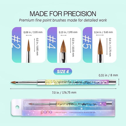 PANA Kolinsky 3D Acrylic Nail Brushes with Liquid Glitter Handle - For Professional Acrylic Powder Liquid Manicure Pedicure (Rainbow Color, Size #4)