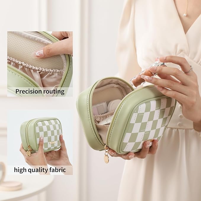 RIGHT AWAY Checkered Makeup Bag for Purse,Small Cosmetic Bag Organizer for Women, Travel Make Up Pouch Waterproof Toiletry Bag Cute Makeup Case for Travel Accessories(Green Checkerboard)