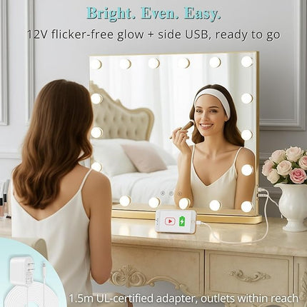 LUXFURNI Hollywood Glamour Vanity Mirror with 4 Extra Bottom Bulbs | Shadow-Free, Perfect Makeup View | Desk & Wall Mountable | 3 Color Modes for Office, Outdoor, Party Looks | USB Charging