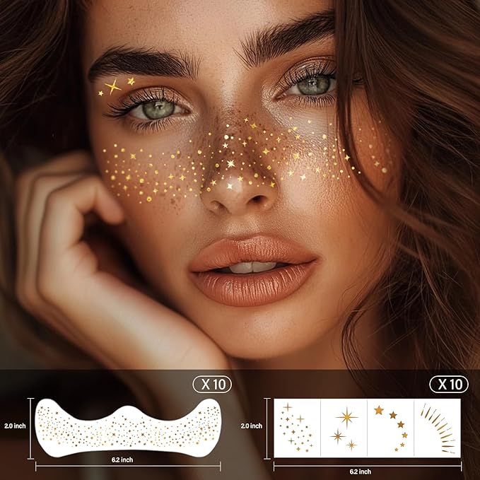 20 Pcs Gold Face Makeup Patches, Sparkle Makeup Patches, Glitter Freckles Face Tattoo, Glitter Freckles, Waterproof Face Glitter Speckles Patches for Helloween (GOLD)