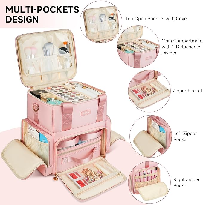 Extra Large Makeup Bag,4 in 1 Cosmetic Storage Organizer Travel Case with Detachable Pouches and Dividers,Pink