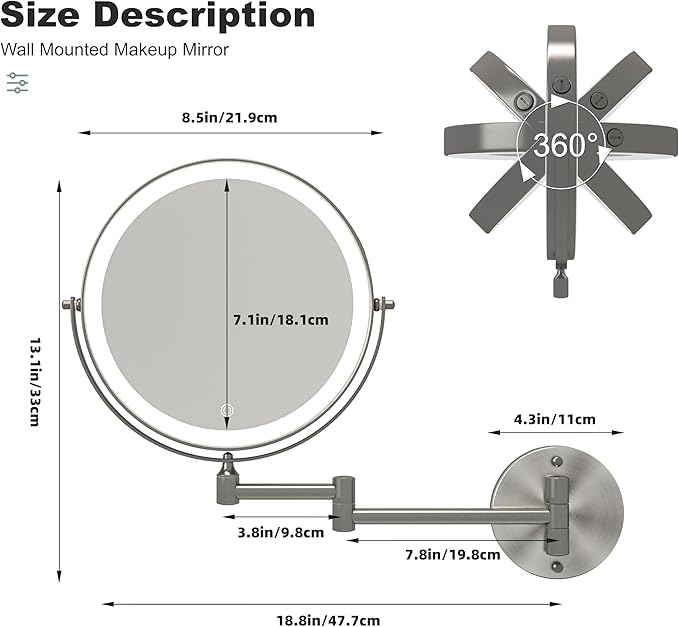 Hasipu 8.5-Inch Wall Mounted Makeup Mirror with Magnification, Rechargeable 2000 mAh Vanity Mirror with Lights, Bathroom Mirror with Dimmable Brightness, 3 Lighting Modes, Extendable Arm, Nickel