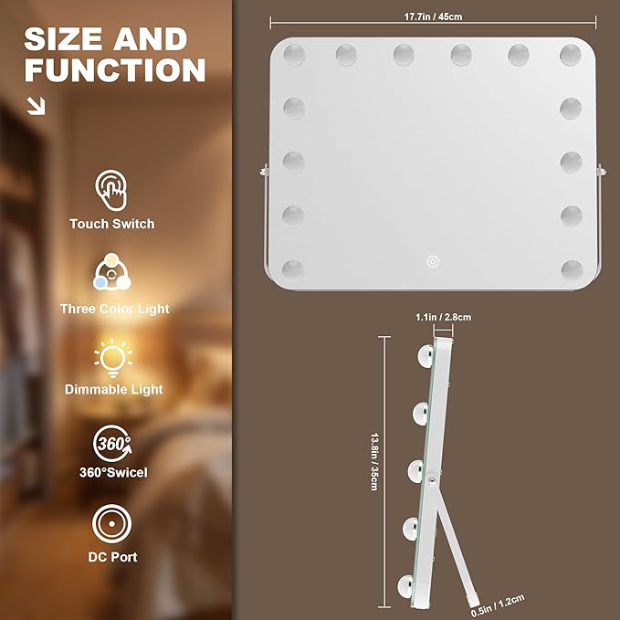 MINISO Vanity Mirror with Lights - 17.7" x 13.8" Hollywood Makeup Mirror with Adjustable Brightness,3 Modes Light, 360°Rotation