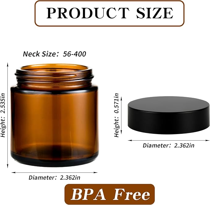 4 oz Reusable Amber Glass Container Jars 24 Pack with Wide-mouth Leak Proof Cap and Inner Pull-On Lid for Travel Storage Makeup, Face Creams, Body Lotions, DIY Crafts or Others