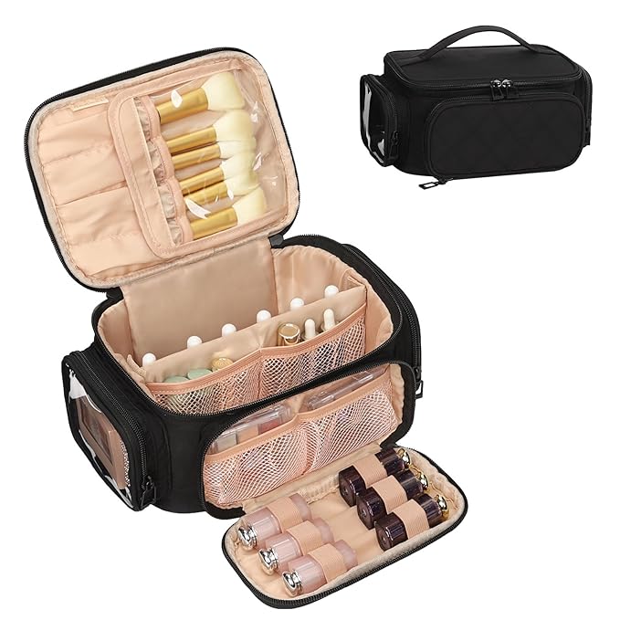 OCHEAL Makeup Bag,Travel Makeup Organizer Bag for Women with Zipper Pouch and Side Pocket, Multifunctional Compartments and Dividers,Toiletry Make up Case for Toiletries, Brushes & Beauty Tools-Black