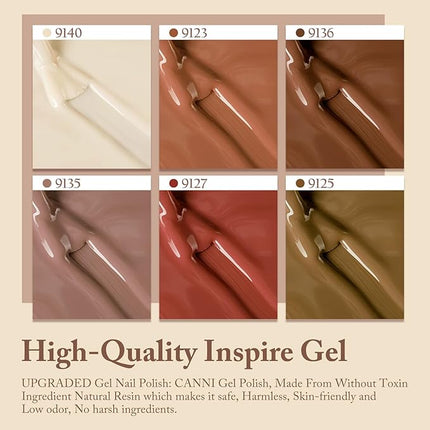 CANNI Brown Nude Gel Nail Polish Set – 6 Colors 9ML (Beige, Chestnut, Khaki, Skin Tone, Taupe), Soak Off UV LED Nail Gel Kit for Winter Nude DIY Manicure