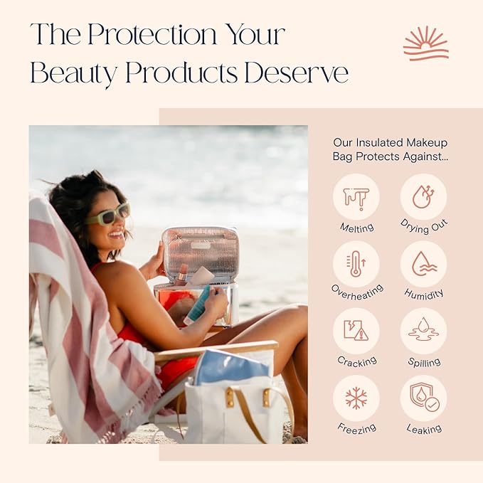 Large Insulated Metallic Silver Travel Makeup Case - Waterproof Vegan Leather Beauty Travel Skincare Bag - Heat-Resistant Zippered Designer Makeup Bag Shields Cosmetics from Melting, Freezing