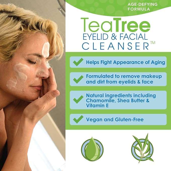 Age-Defying Tea Tree Eyelid and Facial Cleanser - 180mL - Non-Irritating Eyelid Cleanser and Face Wash with Shea Butter and Vitamin E
