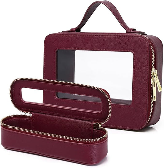 Pinkmik Travel Clear Makeup Bag with Brush Bag Portable Cosmetic Bag Case Transparent Toiletry Bag Cosmetic Organizer Storage Bag for Women (X/Burgundy, L+SLIM)