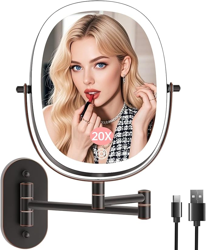 20X/1X Wall Mounted Lighted Makeup Mirror, Rechargeable Double Sided Magnifying Bathroom Lighted Mirror, 3 Color Modes Touch Dimmable Extended Arm 360 Rotation, Antique Bronze
