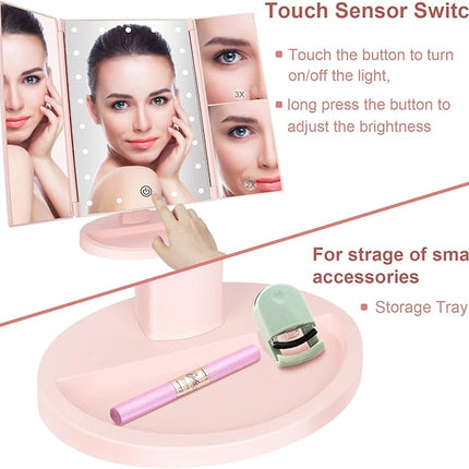 deweisn Tabletop Mount Tri-Fold Lighted Vanity Mirror with 21 LED Lights, Touch Screen and 3X/2X/1X Magnification, Two Power Supply Modes Make Up Mirror,Travel Mirror