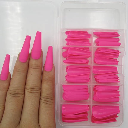LoveOurHome 100pc Coffin Press on Nails Long Fake Nails Matte Full Cover False Nails Press ons Artificial Nail Medium Ballerina Fake Fingernail Hot Pink Presson on Nail Tips for Women Kids Girls