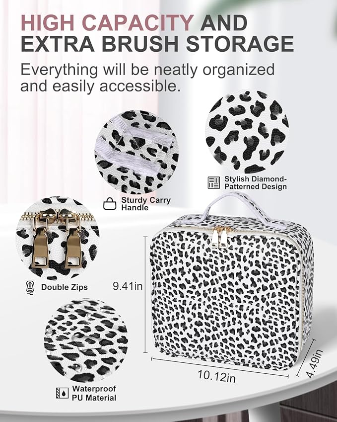 Makeup Bag with LED Mirror, Makeup Organizer Train Case with 1X,2X,3X Vanity Mirror, Adjustable Brightness in 3 Color Settings, with Brush Holder & Storage Dividers, Leopard
