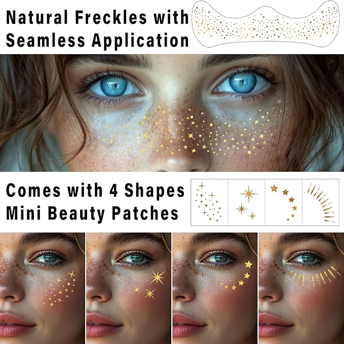 20 Pcs Gold Face Makeup Patches, Sparkle Makeup Patches, Glitter Freckles Face Tattoo, Glitter Freckles, Waterproof Face Glitter Speckles Patches for Helloween (GOLD)