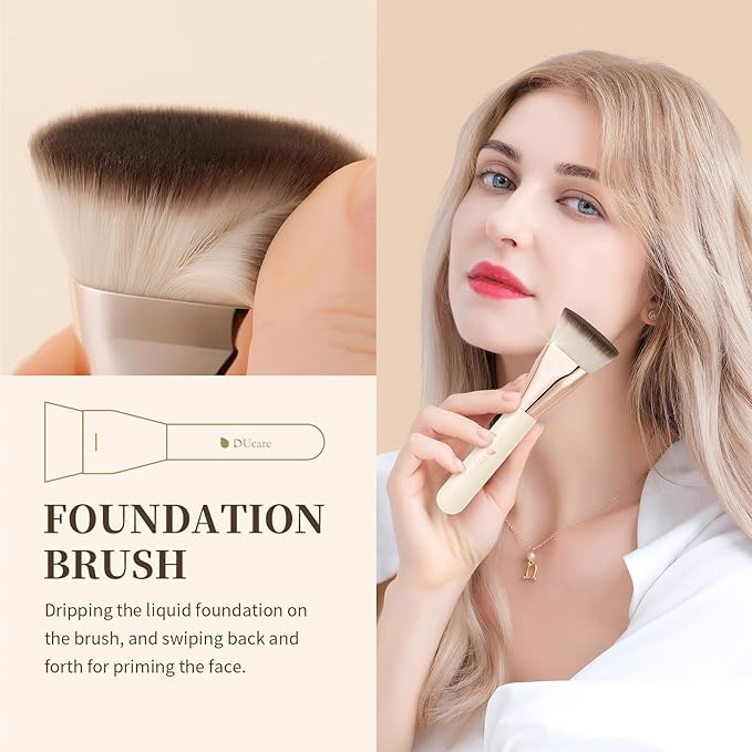 DUcare Foundation Brush for Liquid Makeup, Flat Top Professional Kabuki Brush with Puff Buffing Blending Mineral Powder Large Makeup Face Brush
