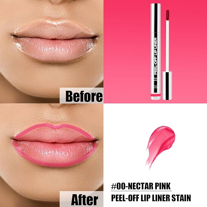 Peel Off Lip Liner Stain, Long Lasting Matte Lip Tattoo Makeup, Highly Pigmented Color, Smudge-Proof, Transfer-Proof, Waterproof, Suitable for All Skin Types, Nectar Pink
