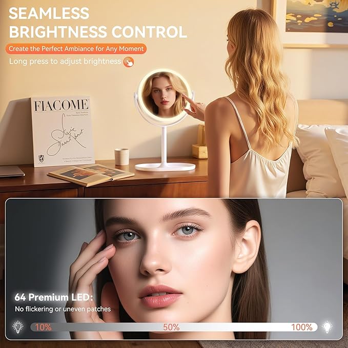 Makeup Mirror with Lights, Double Sided 30X/1X Magnifying Mirror with Light, 3 Color Stepless Dimmable with Touch Screen, Rechargeable 360° Free Standing Vanity Mirrors for Bathroom, Bedroom