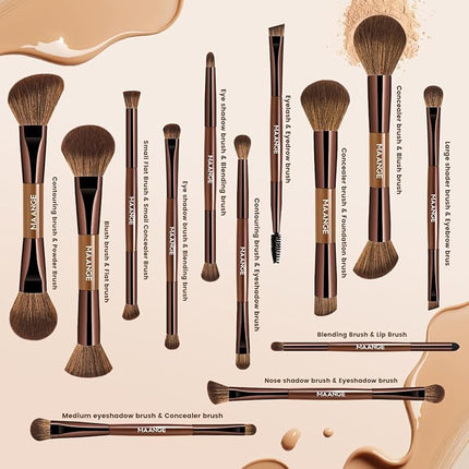 MAANGE 13 Pcs Foundation Makeup Brush Set With Bag, Make up Brushes, Double-End Multi Functional Makeup Brushes, Professional Face Brush Set Tools For Liquid Powder Concealer Cream Blush (Brown)