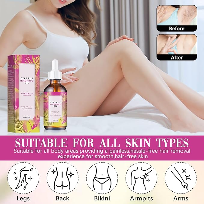 2Pcs Cyperus Rotundus Oil, 60ML Natural Cyperus Rotundus Oil for Hair Removal, Moisturizing & Soothing CyprusOil for Reducing Body Hair Growth, Hair Removal for All Skin Types