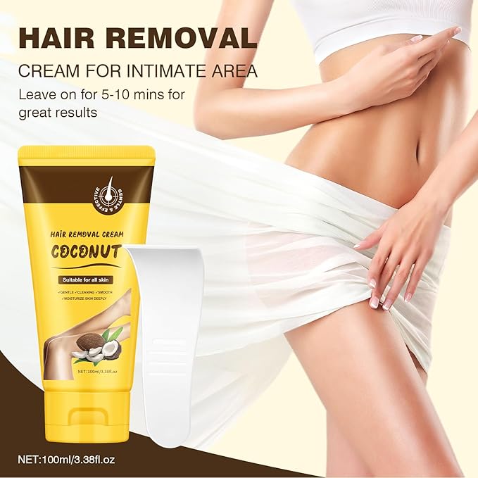 Hair Removal Cream, Legs Hair Removal Creams for Women, Coconut Depilatory Cream for Intimate Areas and Pubic Area, Painless Flawless Depilatory Sensitive Formula Suitable for All Skin Types