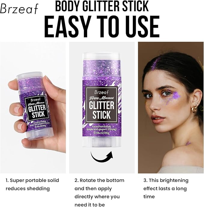 Brzeaf Waterproof Purple Glitter Stick, Not Greasy & Shimmery & Long Lasting, Chunky Glitter for Face/Body/Hair/Eyes, Singer Concert Music Halloween Rave Festival, Glitter Stick Makeup for Women Men