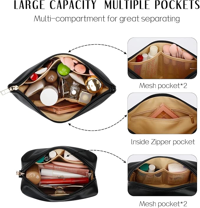 Women Gifts | Initial Makeup Bag Set for Girl Personalized Gifts for Bridesmaid Friend Graduation Teachers PU Leather Cosmetic Travel Toiletry Bag(Black,T)