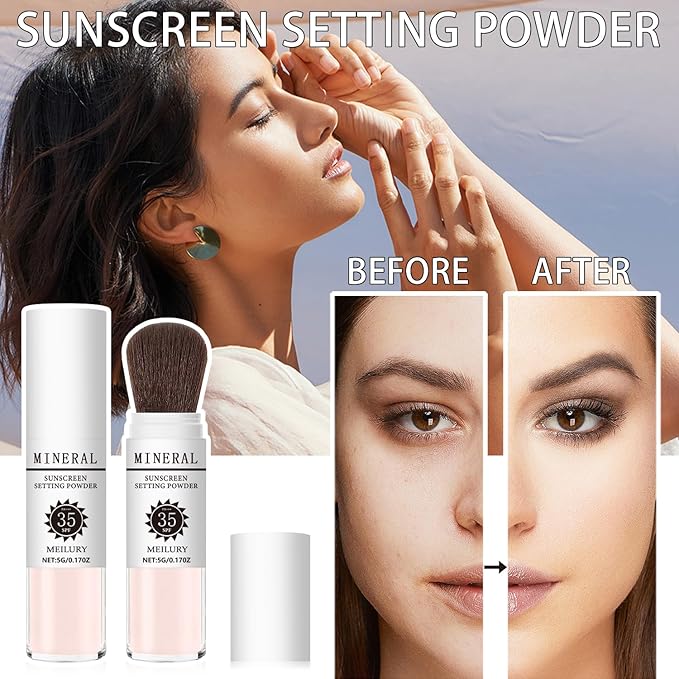 Sunscreen Setting Powder SPF 35, Mineral Brush Powder for Face & Scalp, Oil Control Natural Matte Finish Loose Powder Translucent Lasting Lightweight Breathable for All Skin (04# Pink Complexion)