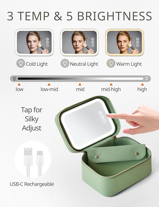 Popvibe Travel Vanity Case with Mirror and Light, Compact Traveling Makeup Bag Set with Brush Holder, Sage Green Leather Cosmetic Case Lighted Up Makeup Vanity Bag Portable Make Up Box Train Case Cute