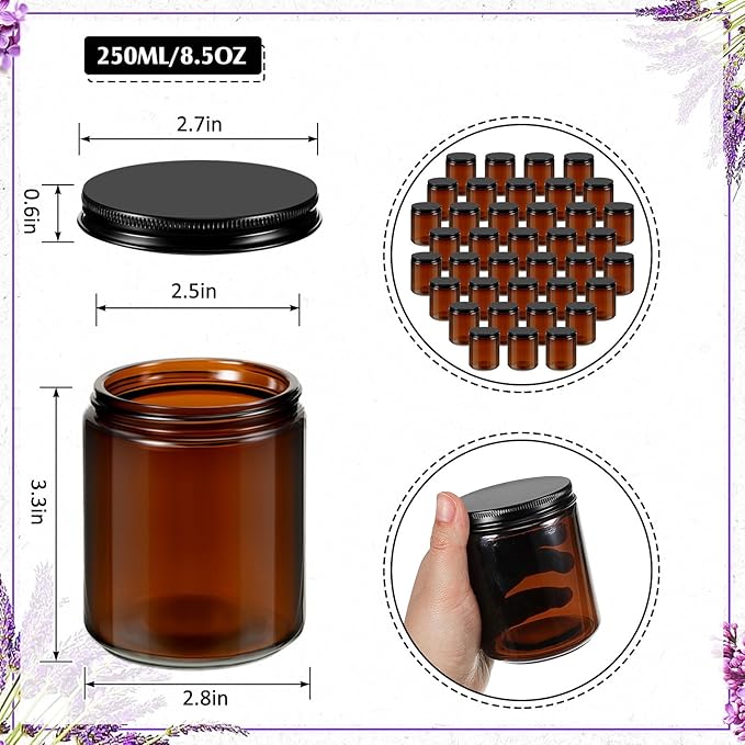 Lallisa 48 Pcs 8 oz Amber Glass Jars with Black Lids Round Glass Cosmetic Jars with Lids Empty Amber Containers Refillable Food Storage Containers for Spice Powder Liquid Sample Makeup