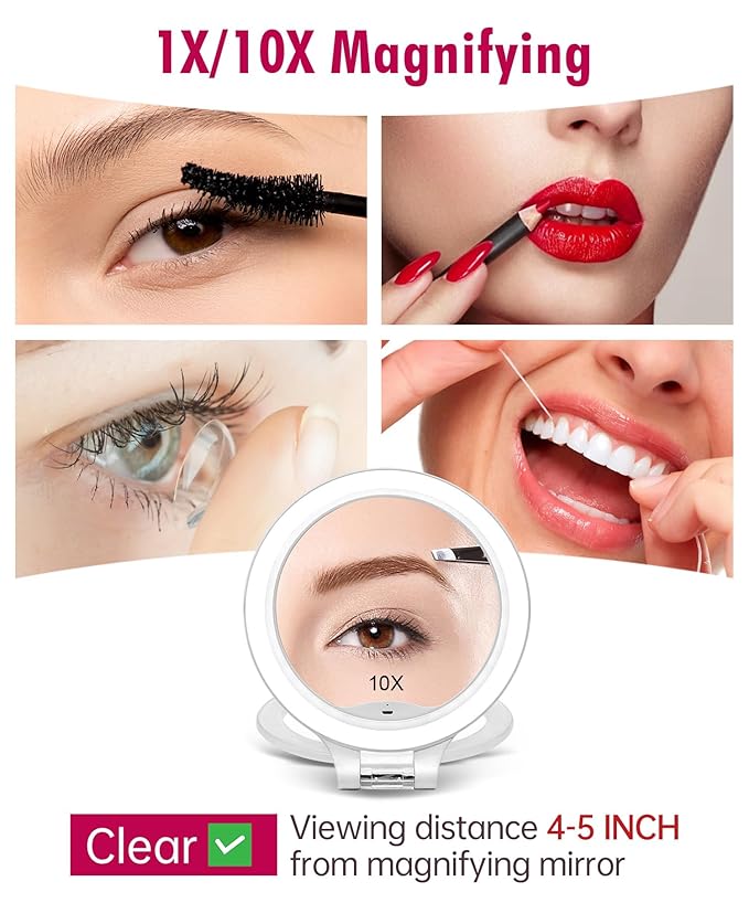 FASCINATE Magnifying Mirror 10X 1X Double Sided Magnification Makeup Vanity Mirror Rechargeable Lighted Mirror with 3 Color Lighting Modes Adjustable Rotation LED Vanity Mirror