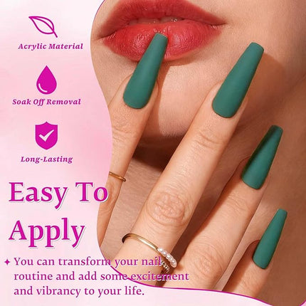 LoveOurHome 100pc Coffin Press on Nails Long Fake Nails Matte Full Cover False Nails Press ons Artificial Nail Medium Ballerina Fake Fingernail Green Presson on Nail Tips for Women Kids Girls