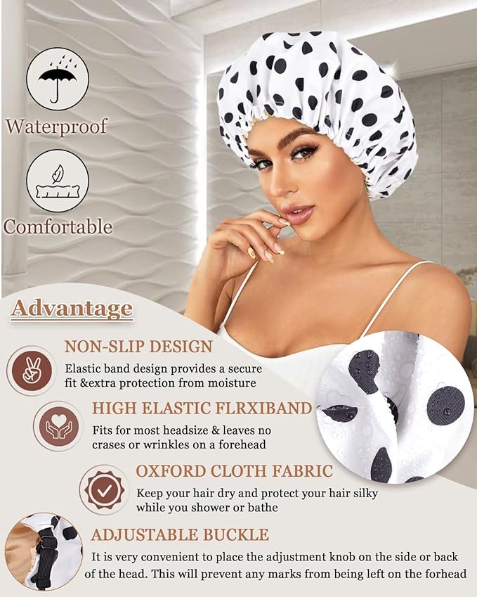 Shower Cap Large Shower Caps for Women Reusable Waterproof with Adjustable Band Double Layer Design Large Luxury Washable Bath Hair Bonnet (Black Dot)