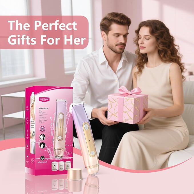 2 in 1 Bikini Trimmer for Women, Dual Head Electric Razor, IPX7 Waterproof Wet/Dry Use Women Electric Shaver, Painless Body Facial Hair Remover for Bikini Legs Arm Underarm, (Lavender)