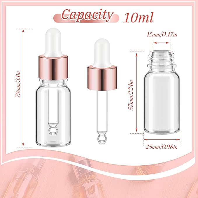 100 Pcs Mini Glass Oil Dropper Bottle Bulk, Clear Essential Small Empty Bottles Sample Containers Perfume Liquid Vials with Cap for Traveling (10 ml,Rose Gold)