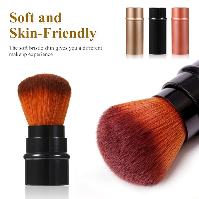 Vtrem 3 Colors Retractable Makeup Brush Travel Blush Brushes Kabuki Foundation Brush Portable Face Powder Brush Mini Makeup Brush Set with Cover, Red/Black/Brown