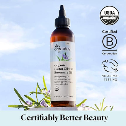 Sky Organics USDA Organic Castor Oil with Rosemary Oil, Strengthening Oil, Pure Potent Blend, Hexane Free, Invigorates Scalp, Supports Stronger, Fuller-Looking Hair, Textured Hair