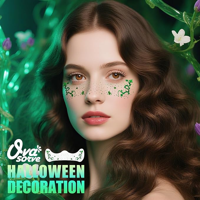 Ivy Freckles Face Tattoo - Enchanted Vine & Green Leaf Temporary Tattoos | Waterproof Face Gems for Halloween Ivy Costume, Botanical Makeup, Festival & Cosplay (8 Sheets)