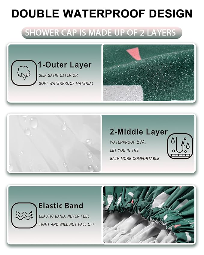 YIZIJIZI Shower Cap,Shower Caps for Women Reusable Waterproof,Two Layer Large Shower Caps Reusable Suitable for All Types of Straight Hair, Curly Hair, Long Hair,Braids (green)