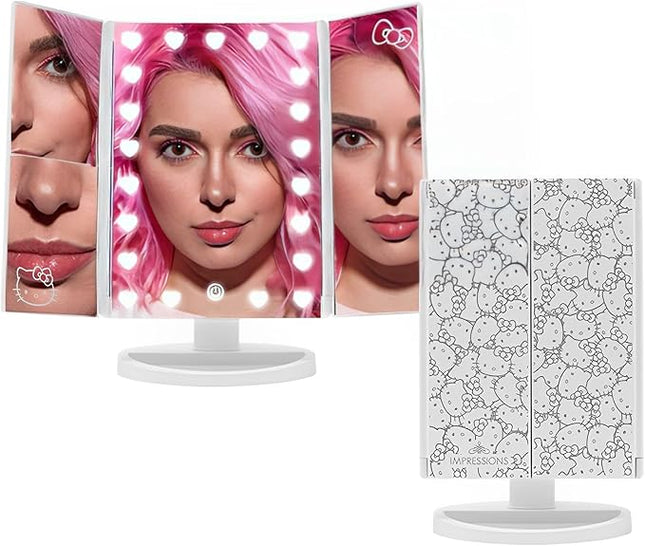 Impressions Vanity Hello Kitty Trifold LED Mirror, Desk Mirror with Lights and Touch Sensor Switch, Lighted Makeup Mirror with 2X and 3X Magnifying (White)